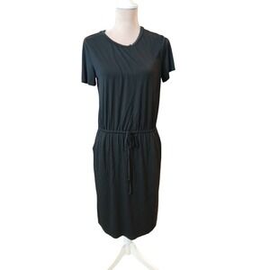 Black T Shirt Dress Drawstring Waist Pockets Midi Casual Short Sleeve Teacherer